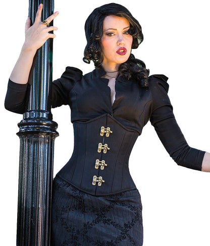 Gothic Cashmere Corset, slim silhouette, regular underbust length, front view with brass swing clasps on model