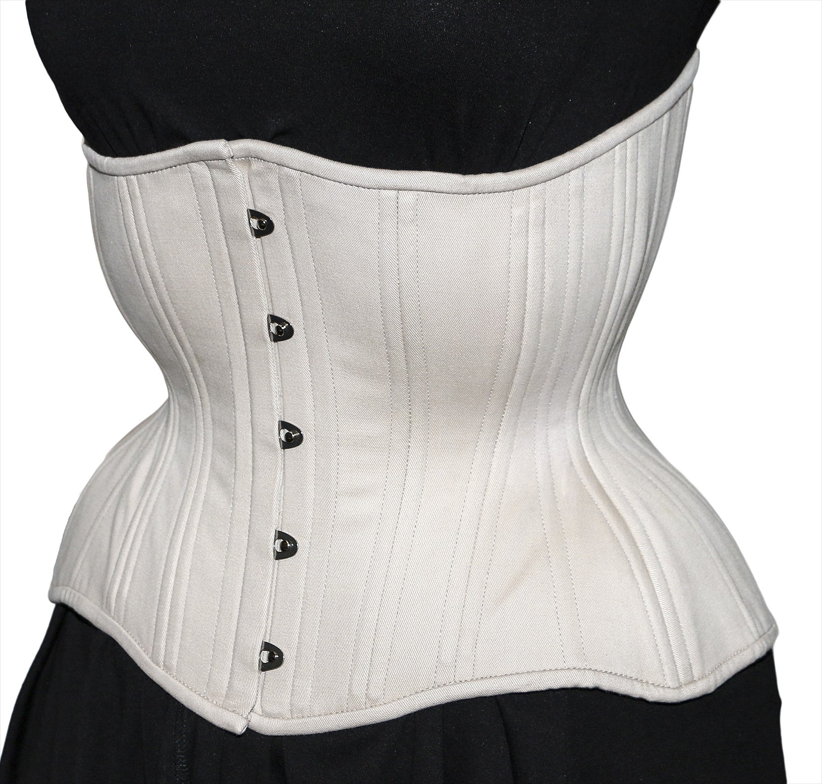 Beige cotton Gemini Corset, cupped rib, regular length, angle view