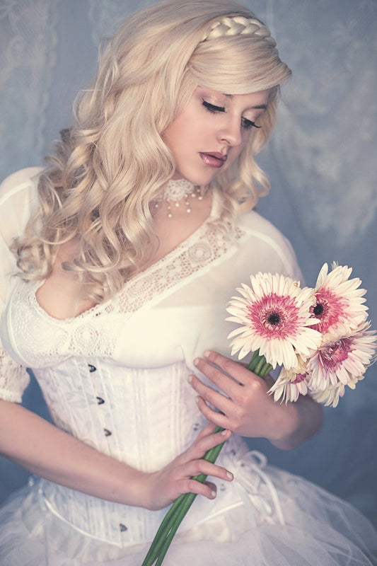 White floral brocade corset, slim silhouette, long length with adjustable side hip lacing, on model aitenshimisha