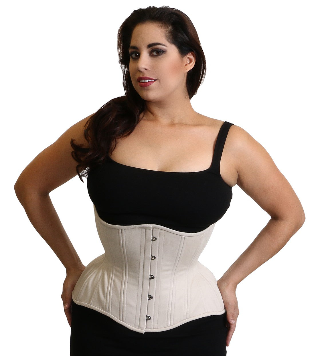 Beige cotton Gemini Corset, straight rib, regular length, front view