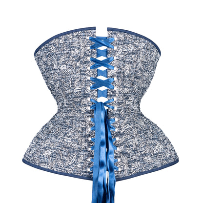 Silver Leaves on Blue Cupped Corset, Gemini Silhouette, Long** PHOTO SAMPLE, ONLY SIZE 22 IS AVAILABLE
