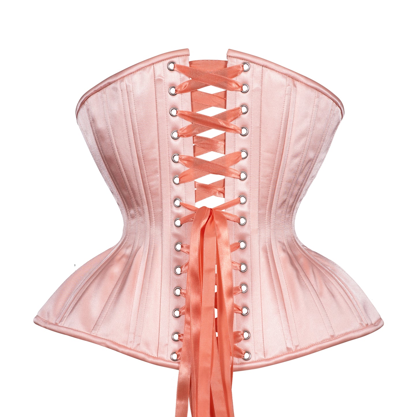 Peach Blossom, a soft peach satin corset, curvy Gemini straight rib silhouette, regular underbust length, back view with peach ribbon lacing 