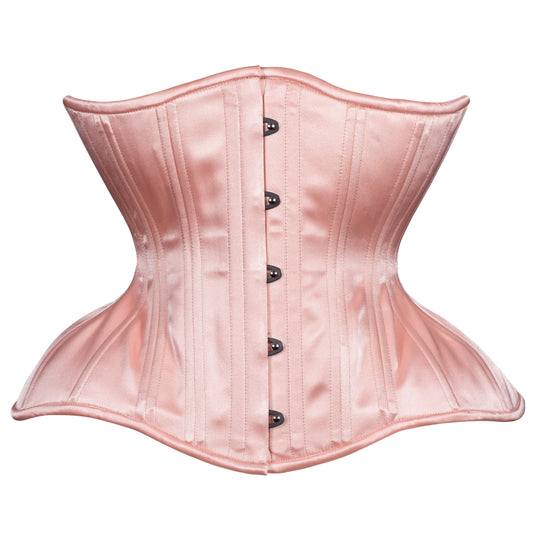 Peach Blossom, a soft peach satin corset,  curvy Gemini straight rib silhouette, regular underbust length, front view with busk closure 