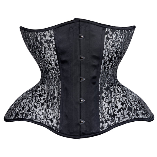 Silver Leaf on Black Straight Corset, Gemini Silhouette, Regular