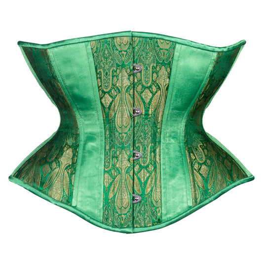 Emerald and gold brocade corset, Libra silhouette, regular underbust length, front view with busk closure 