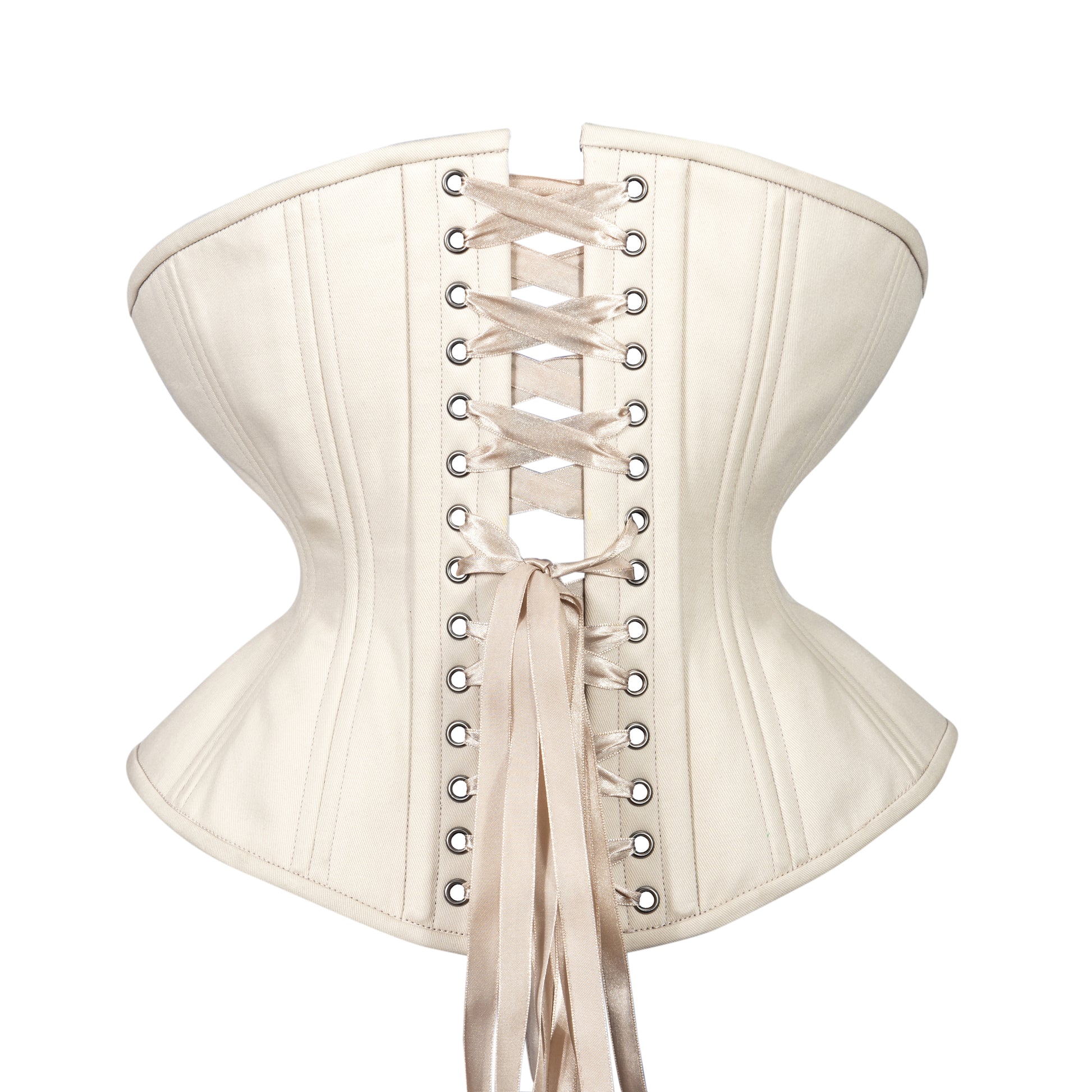 Beige Cashmere corset, Libra silhouette, regular underbust length, back view with beige ribbon lacing