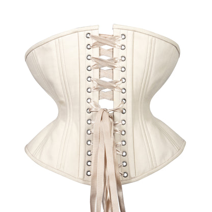 Beige Cashmere corset, Libra silhouette, regular underbust length, back view with beige ribbon lacing