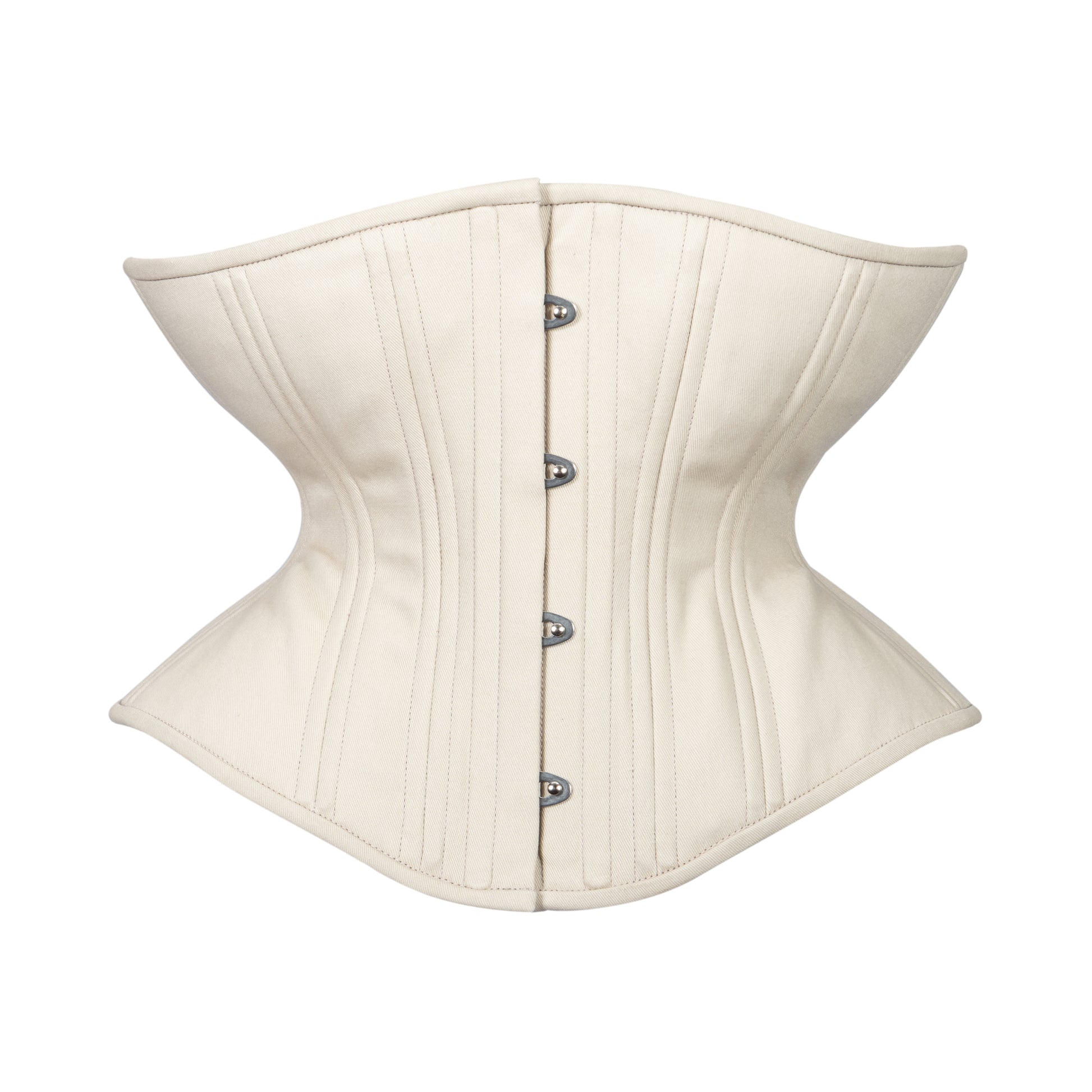 A beige corset with a busk front closure and spiral steel stays, designed by Lucy's Corsetry. Beige Cashmere corset, Libra silhouette, regular underbust length, front view