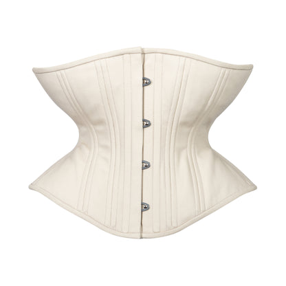 A beige corset with a busk front closure and spiral steel stays, designed by Lucy's Corsetry. Beige Cashmere corset, Libra silhouette, regular underbust length, front view