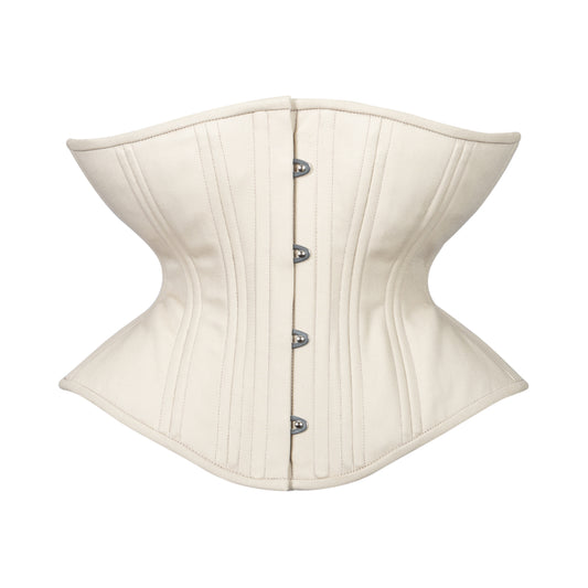 A beige corset with a busk front closure and spiral steel stays, designed by Lucy's Corsetry. Beige Cashmere corset, Libra silhouette, regular underbust length, front view