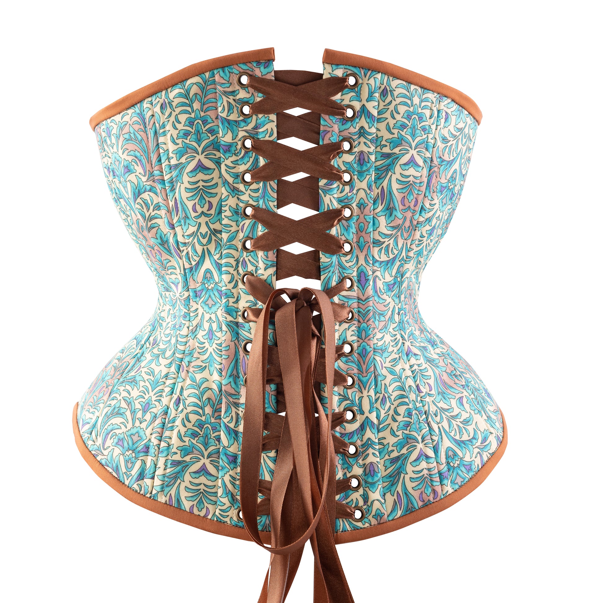A bohemian style teal hourglass corset with brown trim and floral cotton print, back view with brown ribbon lacing.