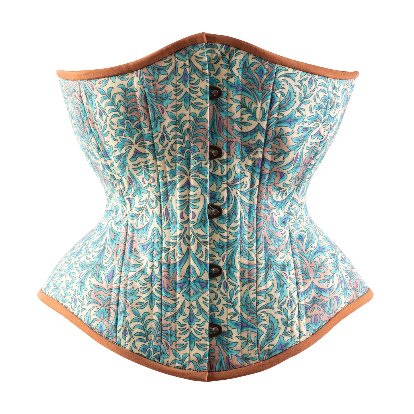 A bohemian style teal hourglass corset with brown trim and floral cotton print, front view.