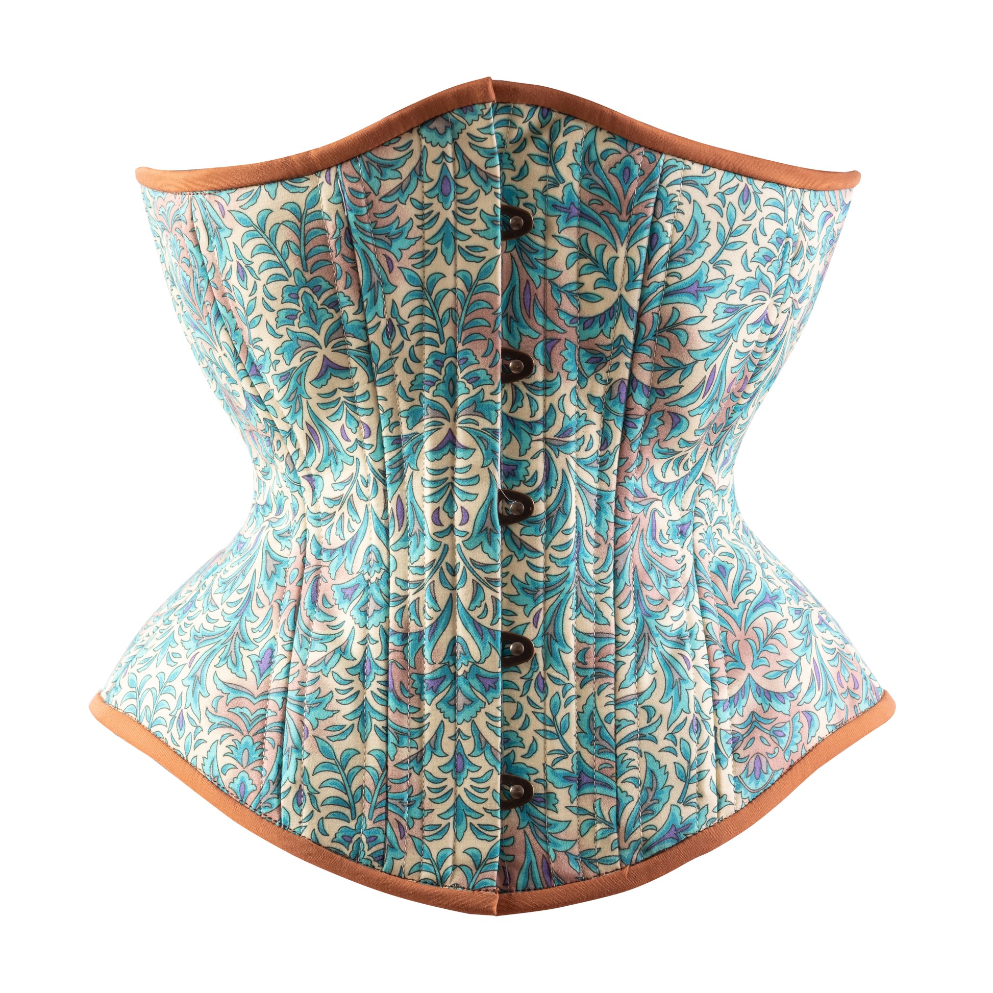 A bohemian style teal hourglass corset with brown trim and floral cotton print, front view.