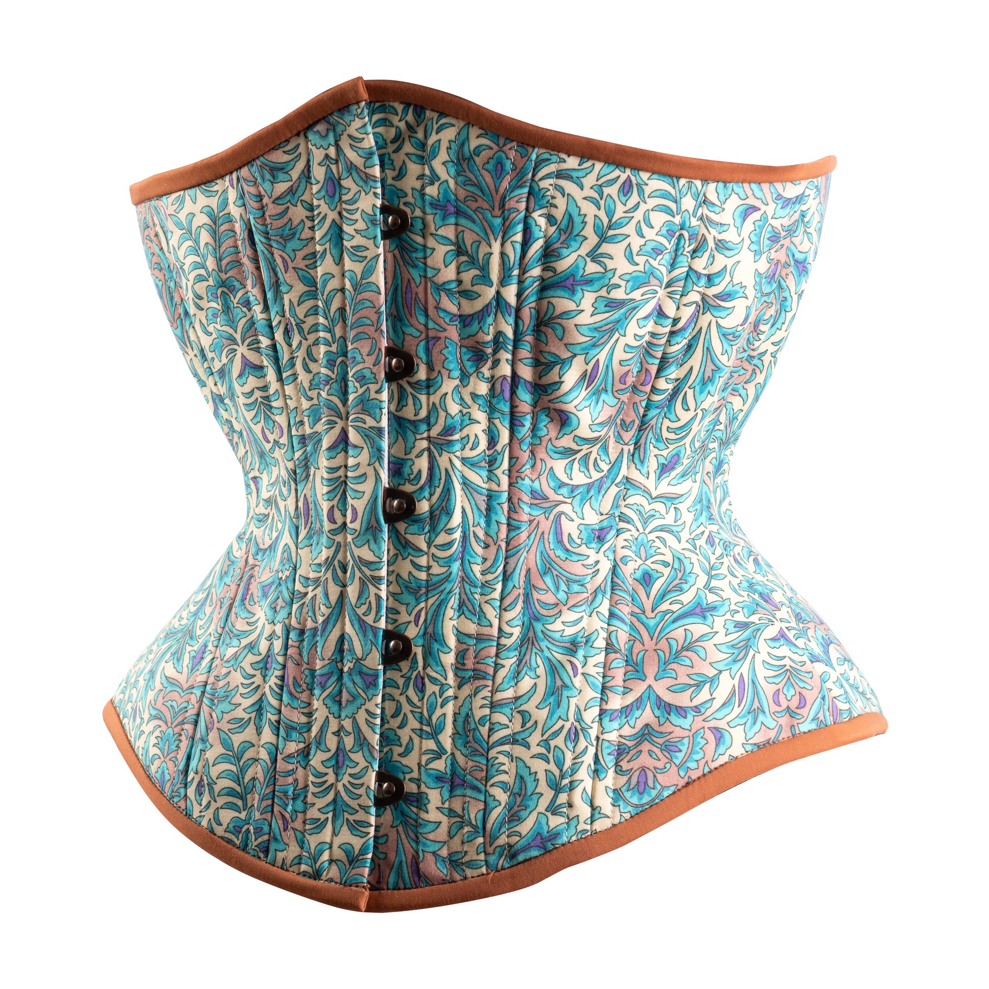 A bohemian style teal hourglass corset with brown trim and floral cotton print, side view.