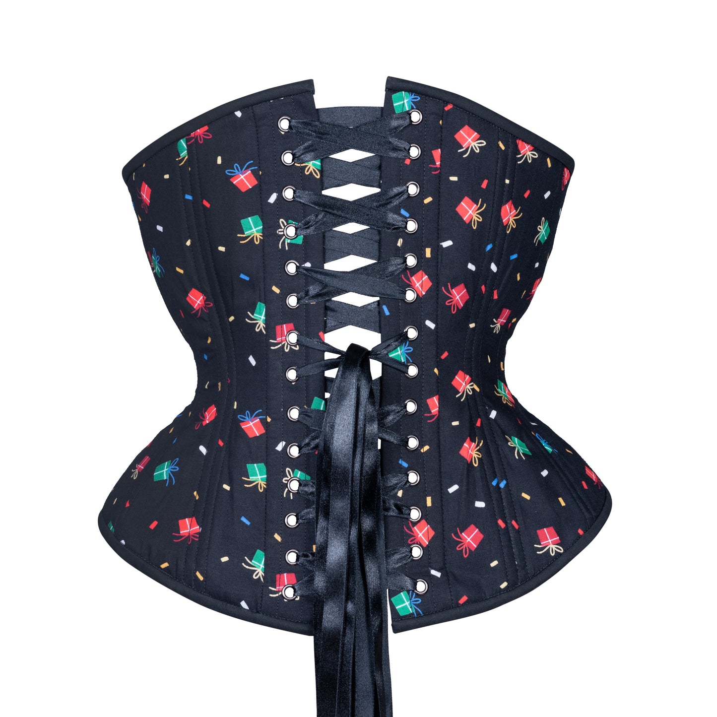 A corset with red, blue and green cartoon gifts on back background cotton, hourglass silhouette, regular underbust length, back view with black ribbon lacing