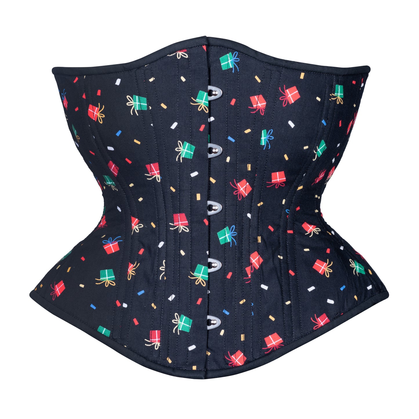 A corset with red, blue and green cartoon gifts on back background cotton, hourglass silhouette, regular underbust length, front view with busk closure