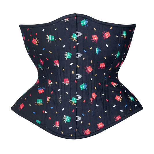 A corset with red, blue and green cartoon gifts on back background cotton, hourglass silhouette, regular underbust length, front view with busk closure