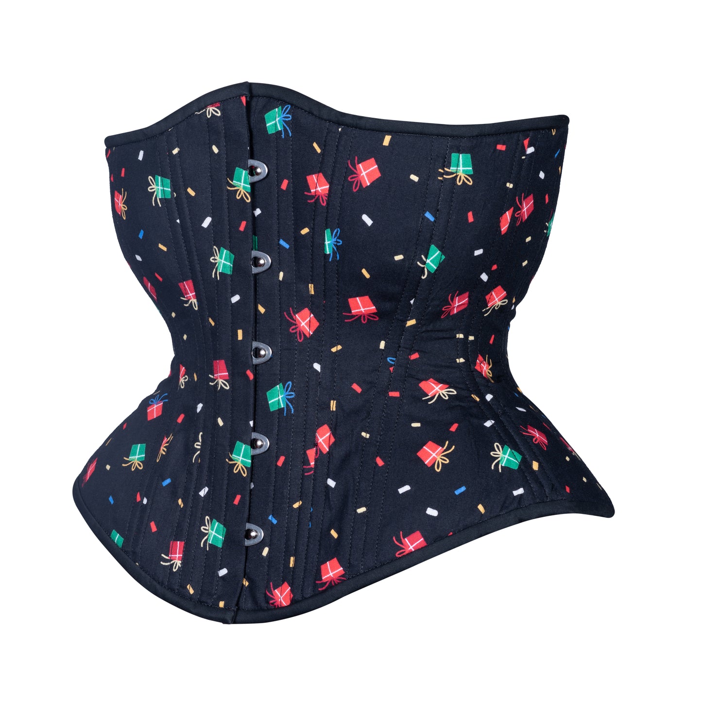 A corset with red, blue and green cartoon gifts on back background cotton, hourglass silhouette, regular underbust length, side view