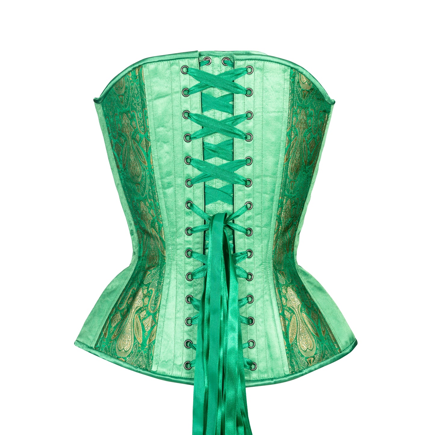 Emerald and gold brocade corset, hourglass silhouette, sweetheart overbust with adjustable bust lacing, back view with green ribbon lacing 