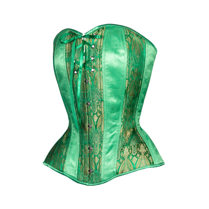 Emerald and gold brocade corset, hourglass silhouette, sweetheart overbust with adjustable bust lacing, side view 