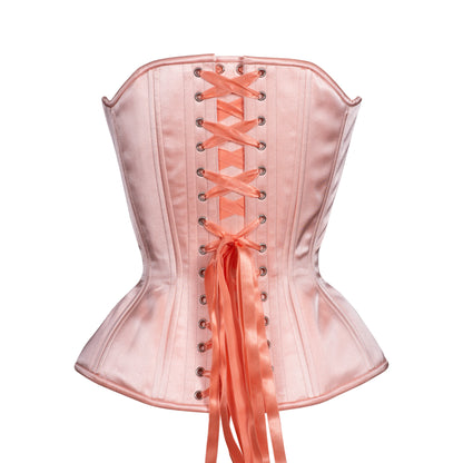 Peach Blossom, a soft peach satin corset, hourglass silhouette, sweetheart overbust with adjustable bust lacing, back view with peach ribbon lacing 