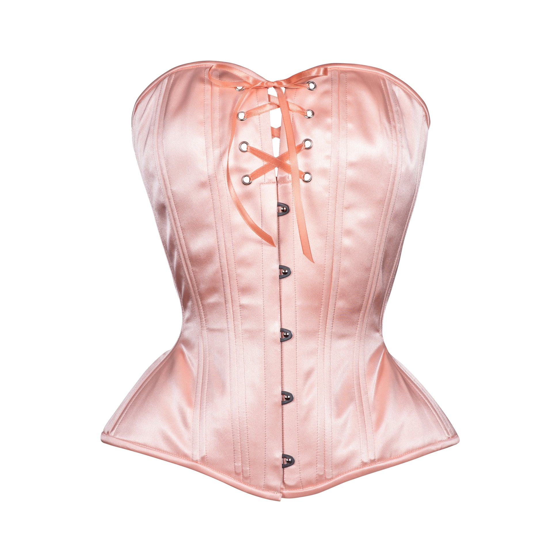 Peach Blossom, a soft peach satin corset, hourglass silhouette, sweetheart overbust with adjustable bust lacing, front view with busk closure 