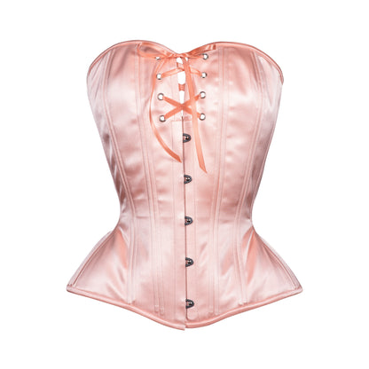 Peach Blossom, a soft peach satin corset, hourglass silhouette, sweetheart overbust with adjustable bust lacing, front view with busk closure 