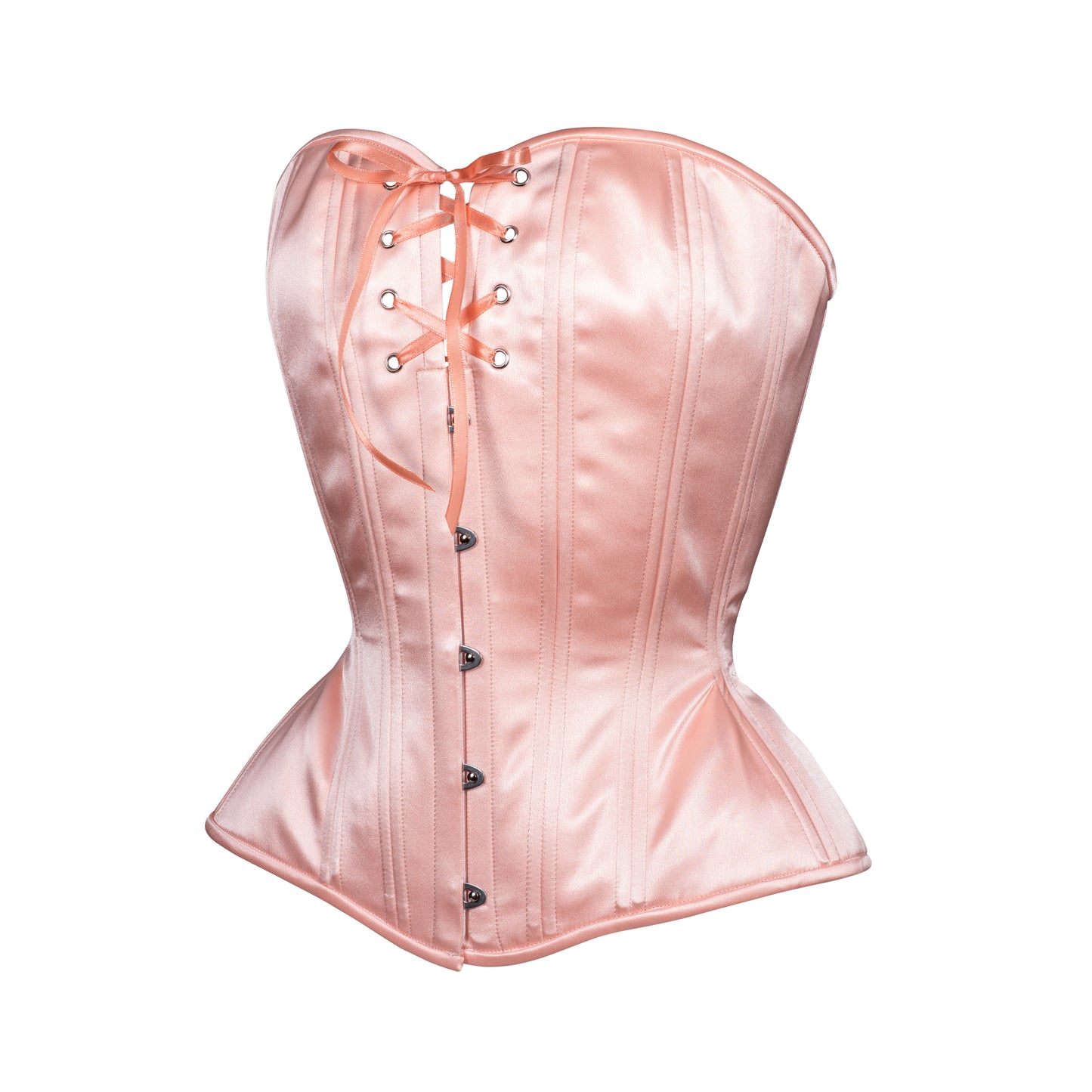 Peach Blossom, a soft peach satin corset, hourglass silhouette, sweetheart overbust with adjustable bust lacing, side view 
