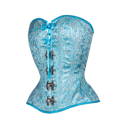 Teal and Mauve Brocade Overbust Corset, Hourglass Silhouette, Regular