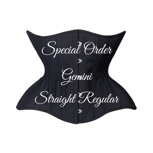 Black Corset with caption: "Special Order Gemini Straight Regular" showing curvy Gemini straight rib silhouette, regular underbust length