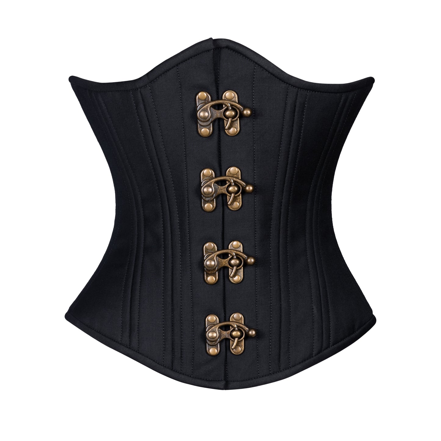 Gothic Cashmere Corset, slim silhouette, regular underbust length, front view with brass swing clasp closure 