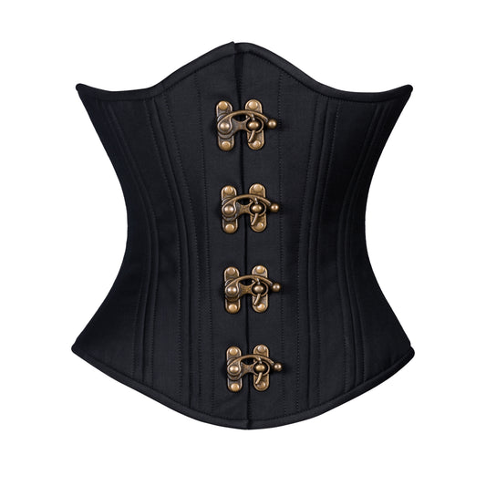 Gothic Cashmere Corset, slim silhouette, regular underbust length, front view with brass swing clasp closure 