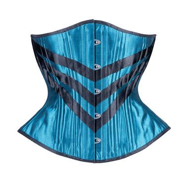 A teal satin corset with black chevron ribbon detail and black trim, hourglass silhouette, regular underbust length, front view with busk closure 