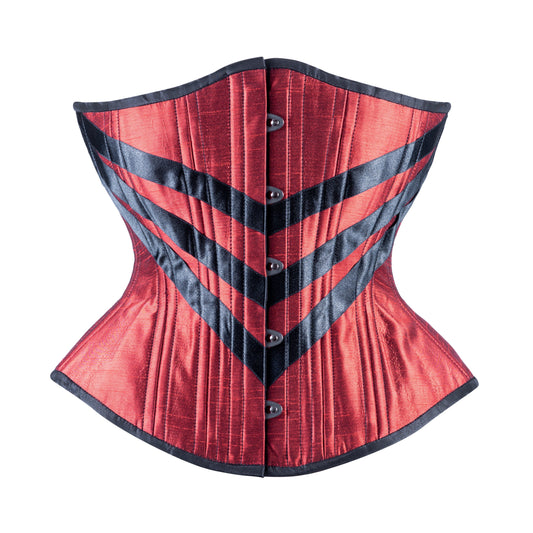 A red satin corset with black ribbon chevron details and black trim, hourglass silhouette, regular underbust length, front view with busk closure