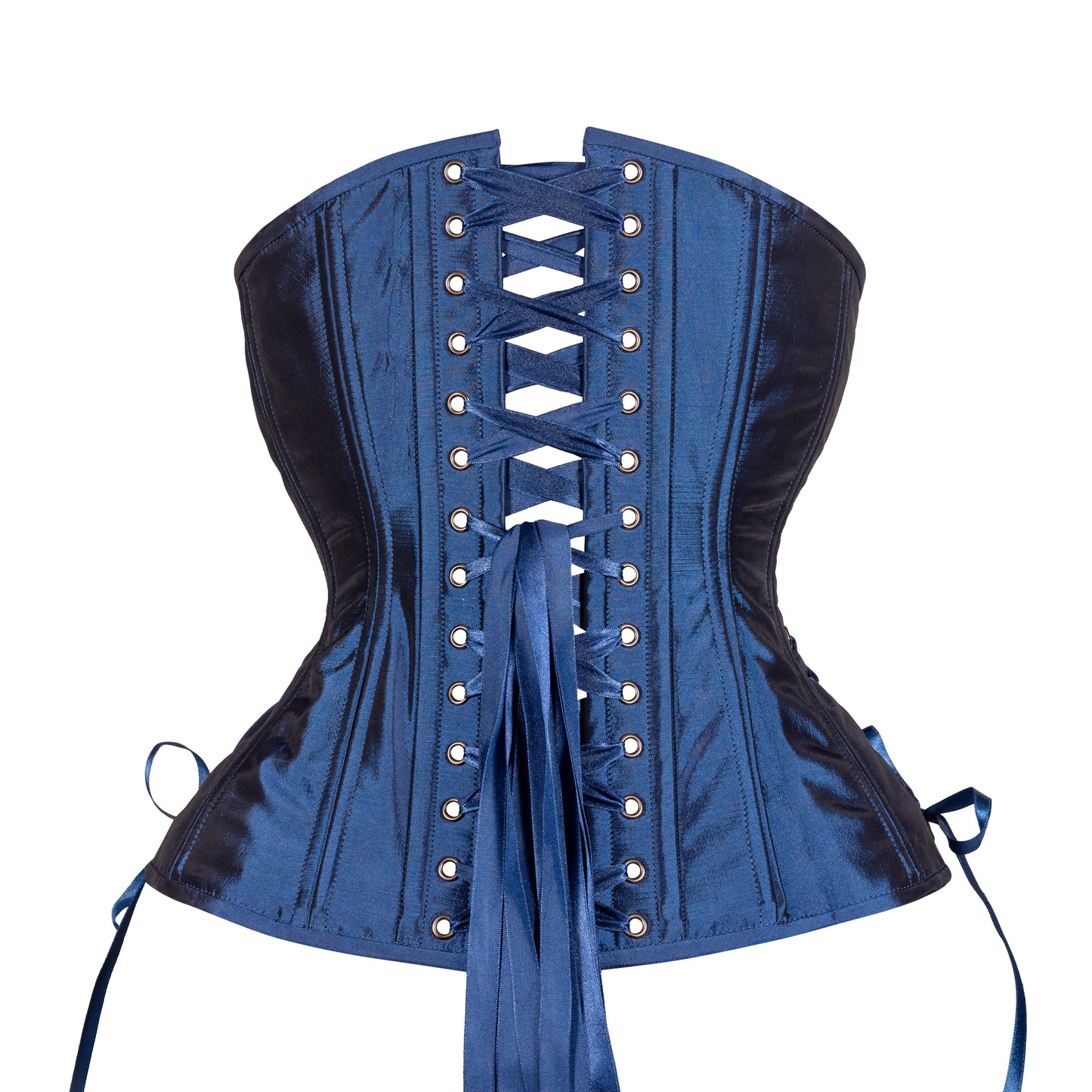 Lapis Blue Taffeta Corset, hourglass silhouette, long length with adjustable side hip lacing, back view with dark blue ribbon lacing 