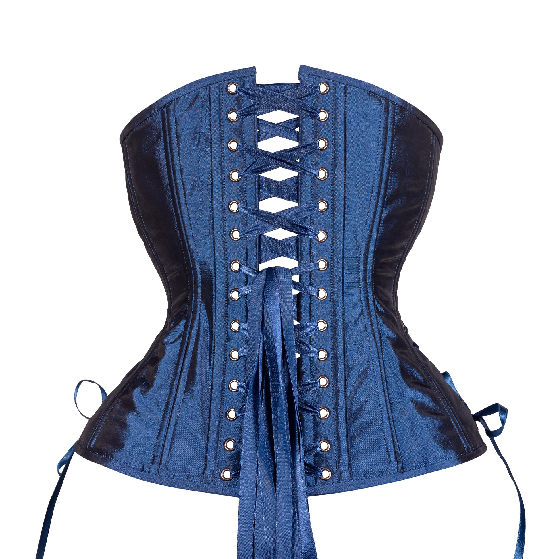 Lapis Blue Taffeta Corset, hourglass silhouette, long length with adjustable side hip lacing, back view with dark blue ribbon lacing 