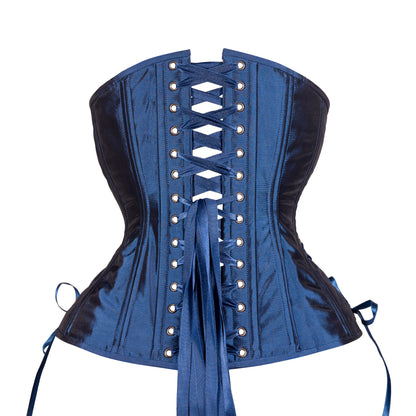 Lapis Blue Taffeta Corset, hourglass silhouette, long length with adjustable side hip lacing, back view with dark blue ribbon lacing 