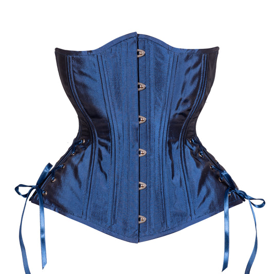 Lapis Blue Taffeta Corset, hourglass silhouette, long length with adjustable side hip lacing, front view with busk closure