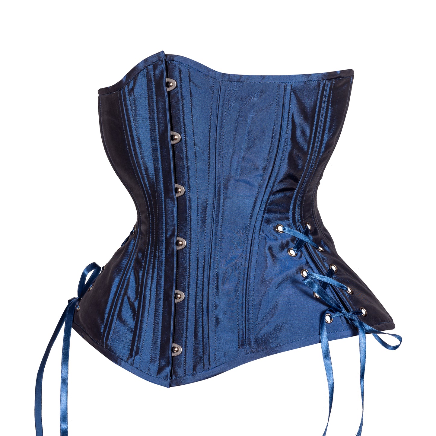 Lapis Blue Taffeta Corset, hourglass silhouette, long length with adjustable side hip lacing, side view 