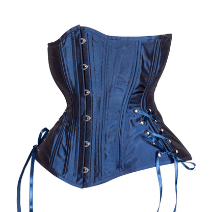 Lapis Blue Taffeta Corset, hourglass silhouette, long length with adjustable side hip lacing, side view 