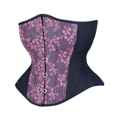 Black Berry Rose, a corset with dusty pink rosebud lace over the front of a black textured peau de soie, hourglass silhouette, regular underbust length, side view