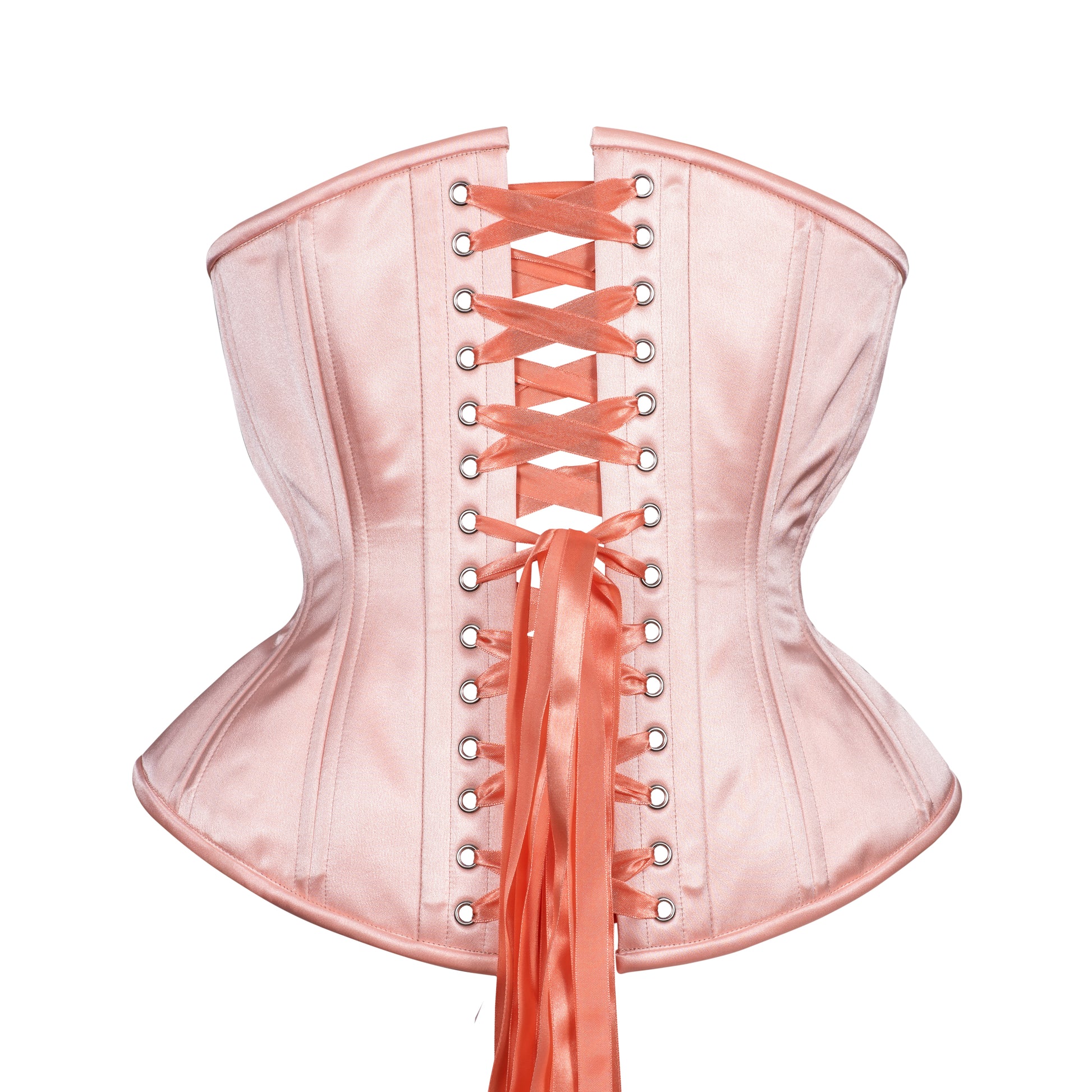 Peach Blossom, a soft peach satin corset, hourglass silhouette, regular underbust length, back view with peach ribbon lacing 