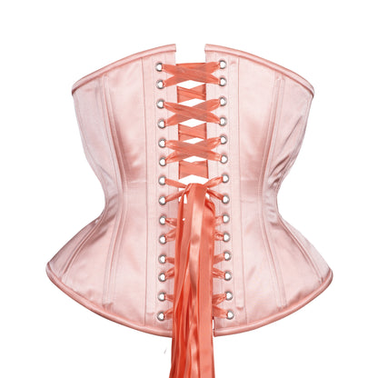 Peach Blossom, a soft peach satin corset, hourglass silhouette, regular underbust length, back view with peach ribbon lacing 