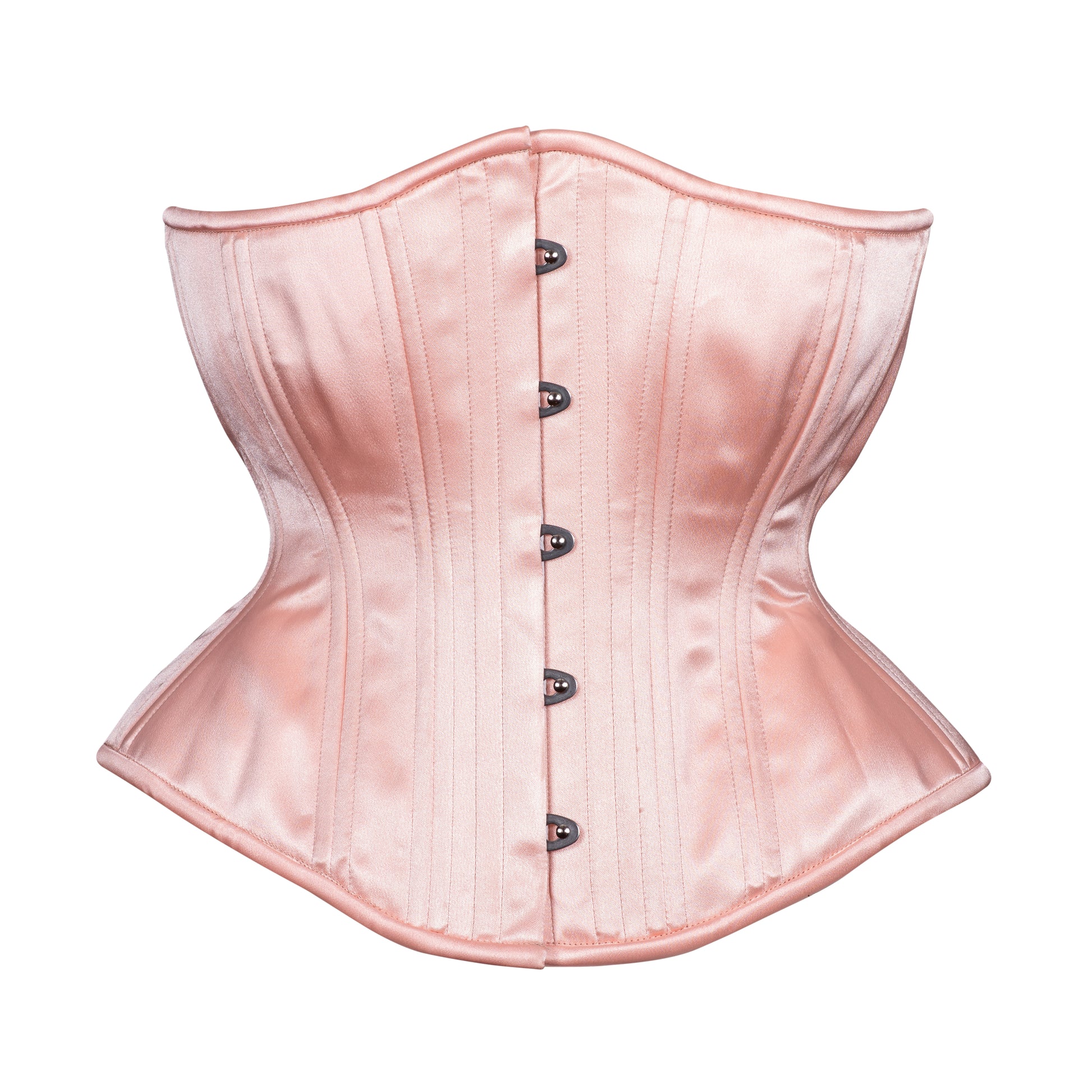 Peach Blossom, a soft peach satin corset, hourglass silhouette, regular underbust length, front view with busk closure 
