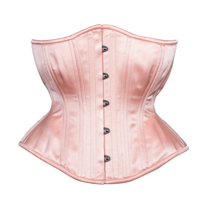 Peach Blossom, a soft peach satin corset, hourglass silhouette, regular underbust length, front view with busk closure 