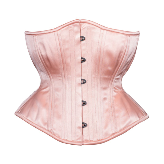 Peach Blossom, a soft peach satin corset, hourglass silhouette, regular underbust length, front view with busk closure 