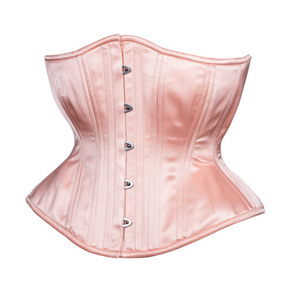 Peach Blossom, a soft peach satin corset, hourglass silhouette, regular underbust length, side view 