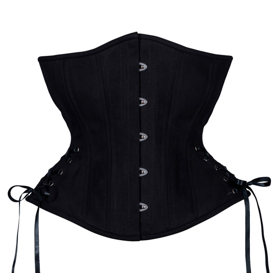 Black Cotton Corset, Hourglass Silhouette, Regular W/Hip Ties