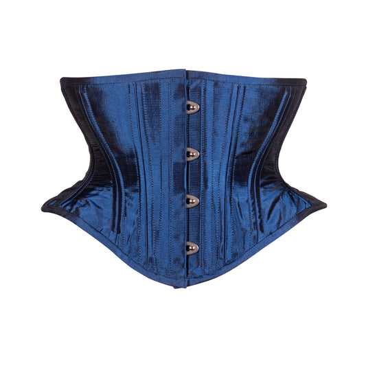 Lapis Blue Taffeta Corset, hourglass silhouette, short waspie cincher length, front view with busk closure 