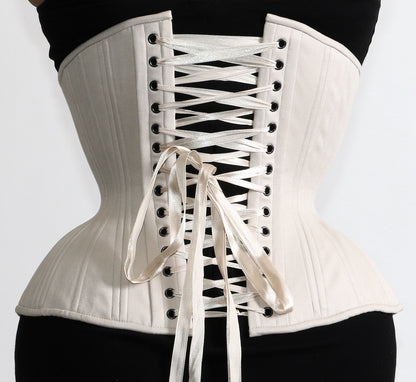 Gemini Straight rib beige Corset, back view with beige satin ribbon laces